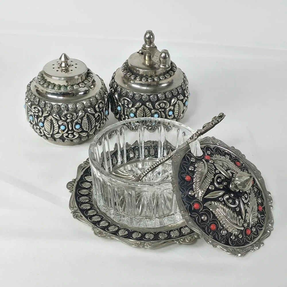 Italian Cruet Set Salt, Pepper & Parmesan Bowl Novelty Spoon Silver Tone Vintage